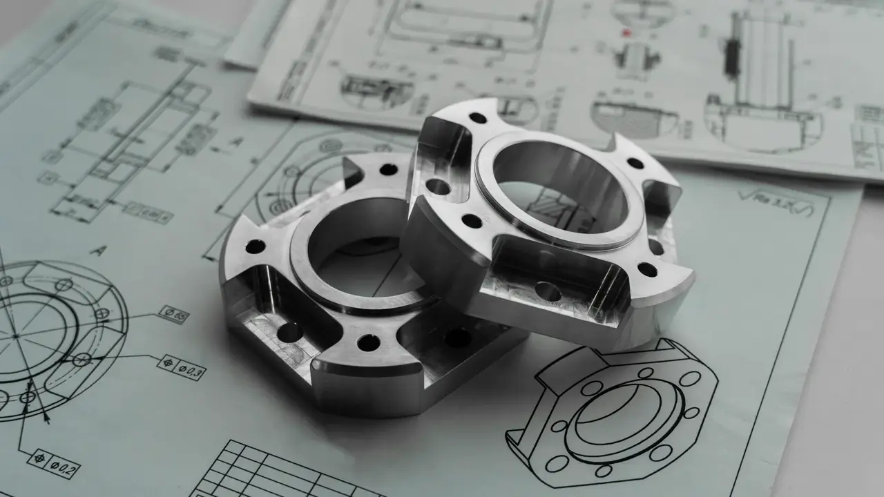 Dos piezas metálicas maquinadas sobre planos de ingeniería
